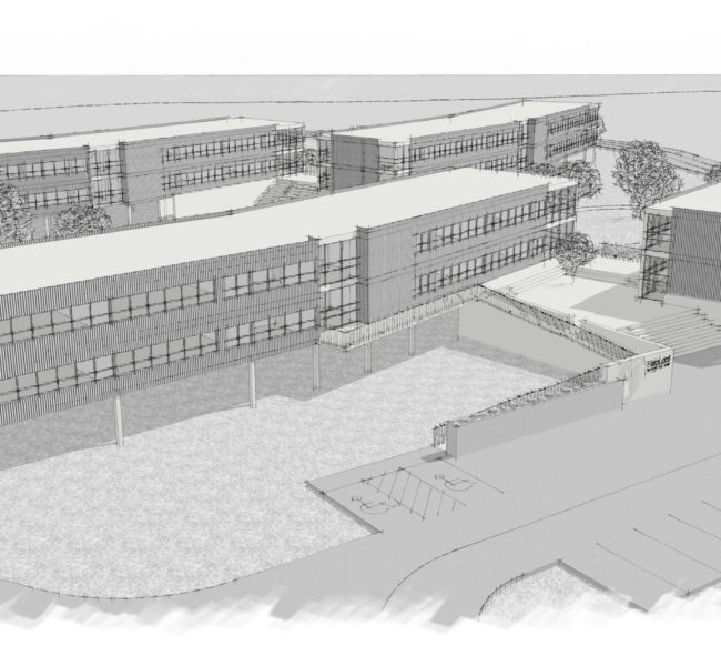 Charter School design concept featuring four buildings near a parking structure