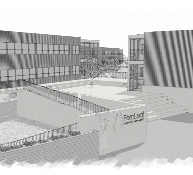 Architectural rendering of School campus featuring multiple buildings surrounding main courtyard